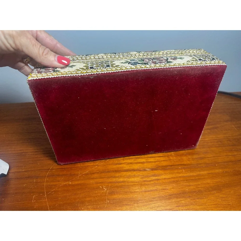 Vintage Floral Tapestry Jewelry Box Red Velvet Lining Mirror Gold Trim Organizer